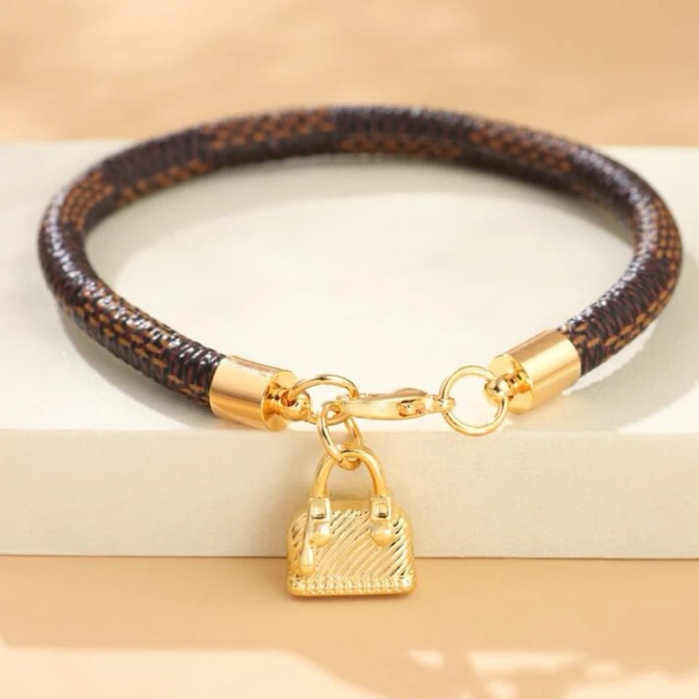 Designer Inspired Brown Checkered Gold Plated Bag Purse Charm Clasp Bracelet